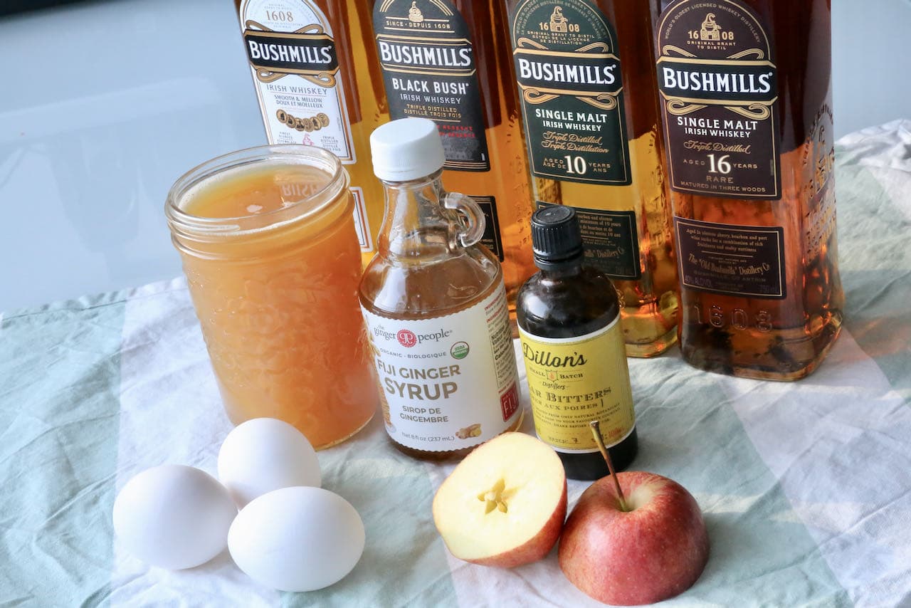 Bushmills Cocktail Ingredients: Apple juice, ginger syrup, pear bitters, egg and Irish Whiskey.