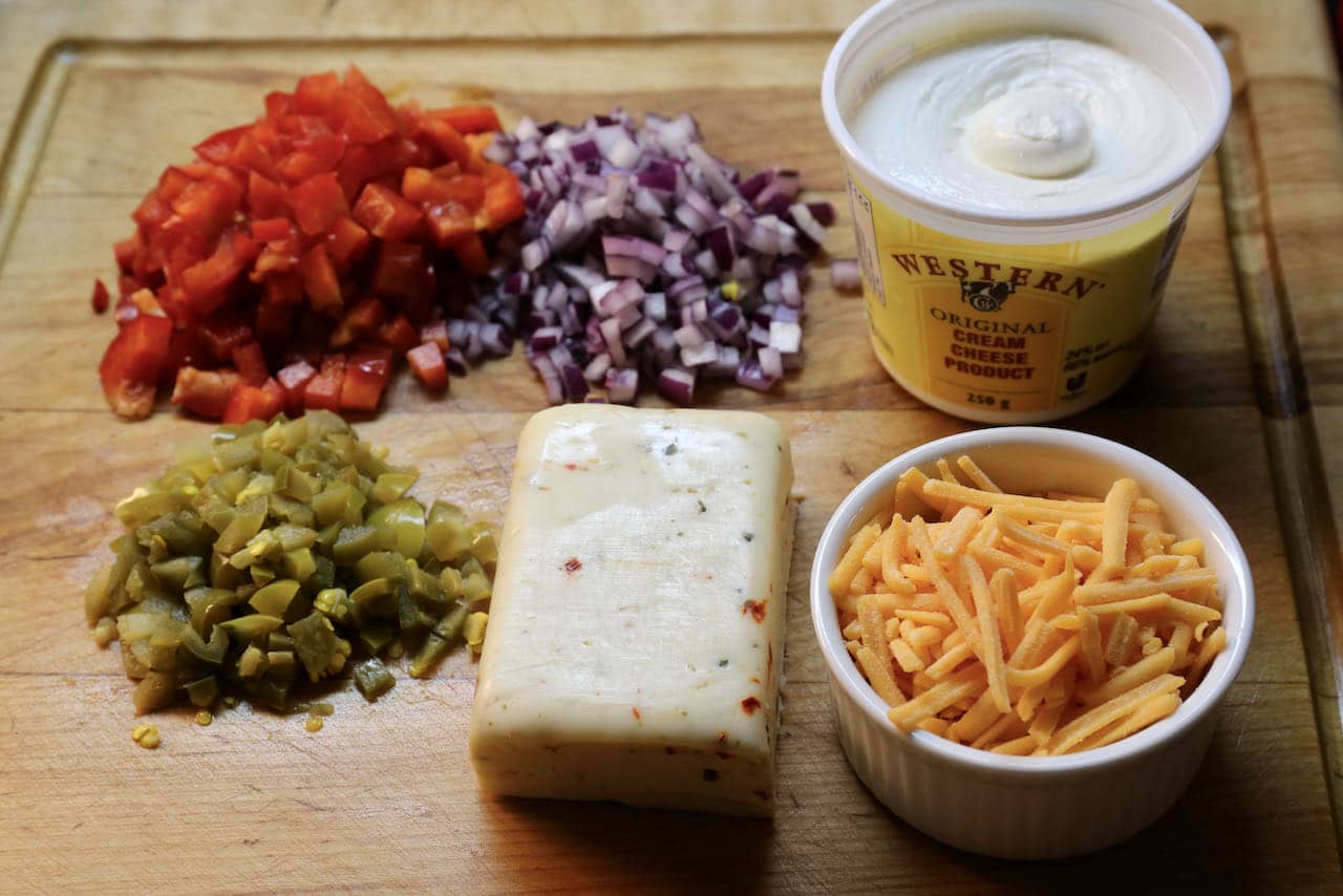 Antojito recipe filling: red pepper, pickled jalapeno, red onions, cream cheese, cheddar and havarti. 
