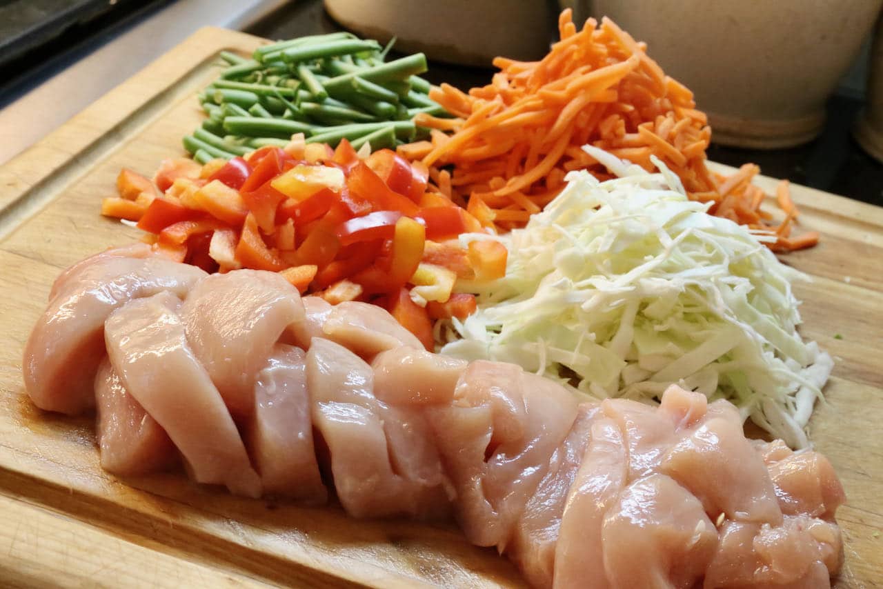 Our healthy Chicken Manchow Soup recipe features breast meat, cabbage, peppers, carrots and green beans.