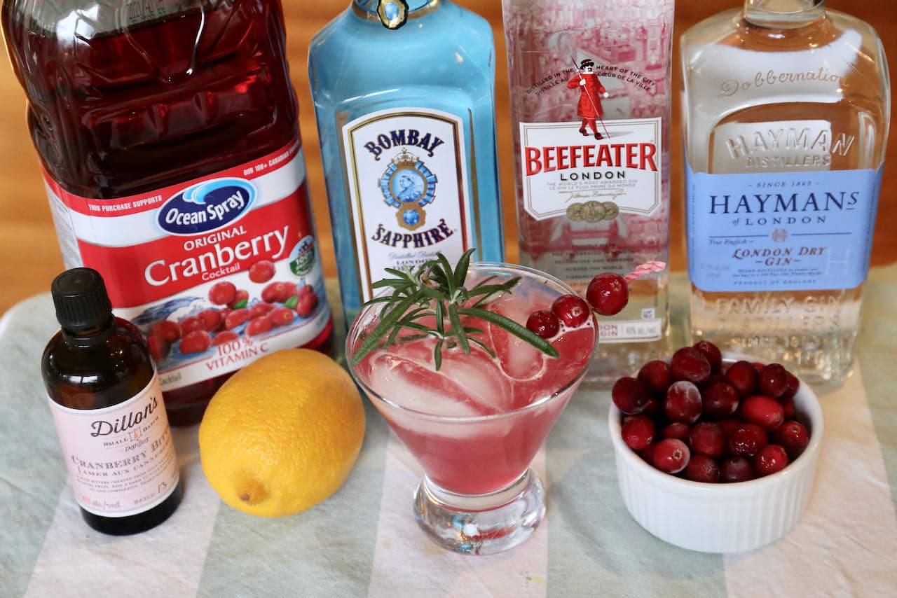 Gin and Cranberry Juice features cranberry bitters, lemon juice and rosemary. 