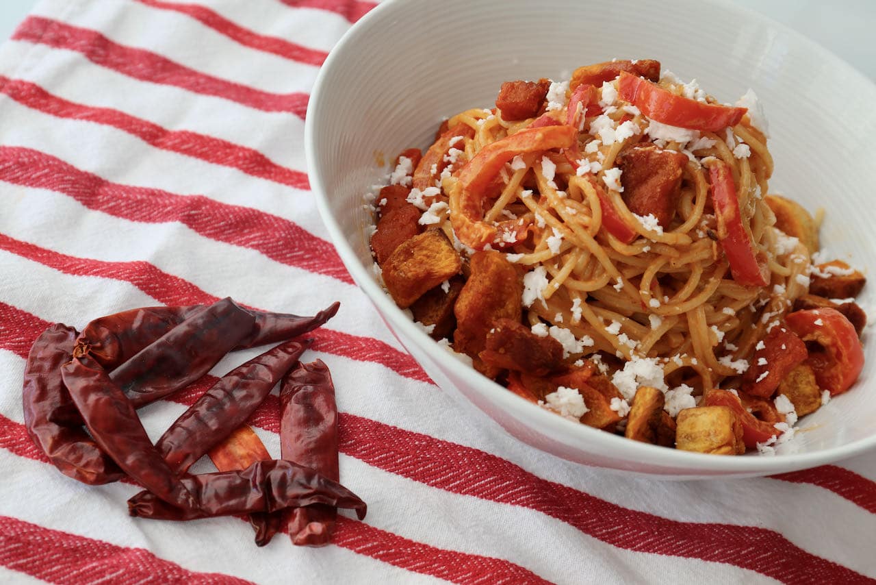 Our Harissa Pasta features a creamy and spicy sauce with sweet roasted butternut squash.