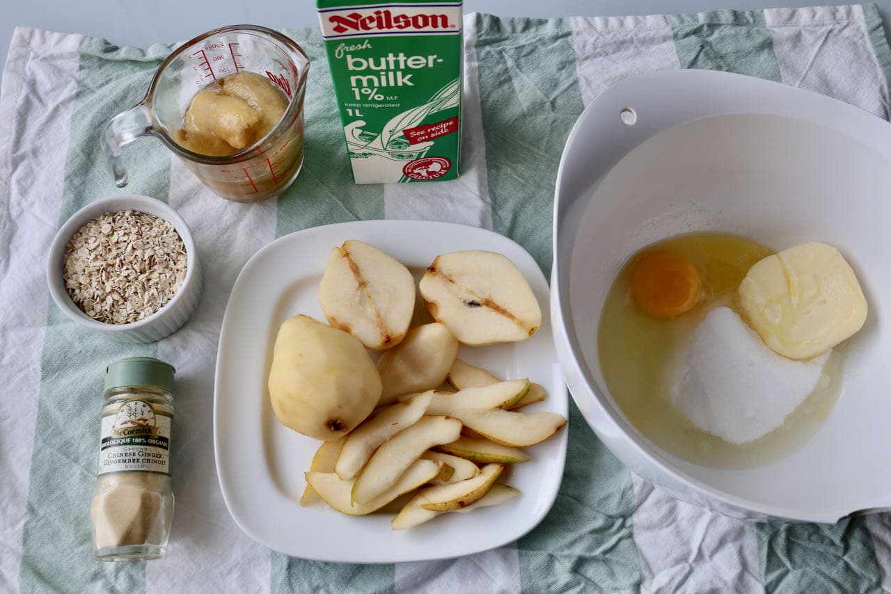 Best Banana Pear Muffins: Mix softened butter, egg and sugar in a large bowl and slice fresh pear for muffin topping.