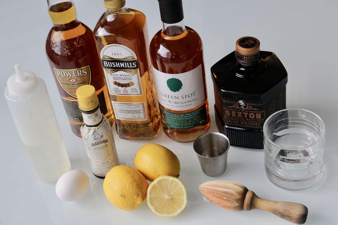 Ingredients you'll need to make our Irish Whiskey Sour recipe.