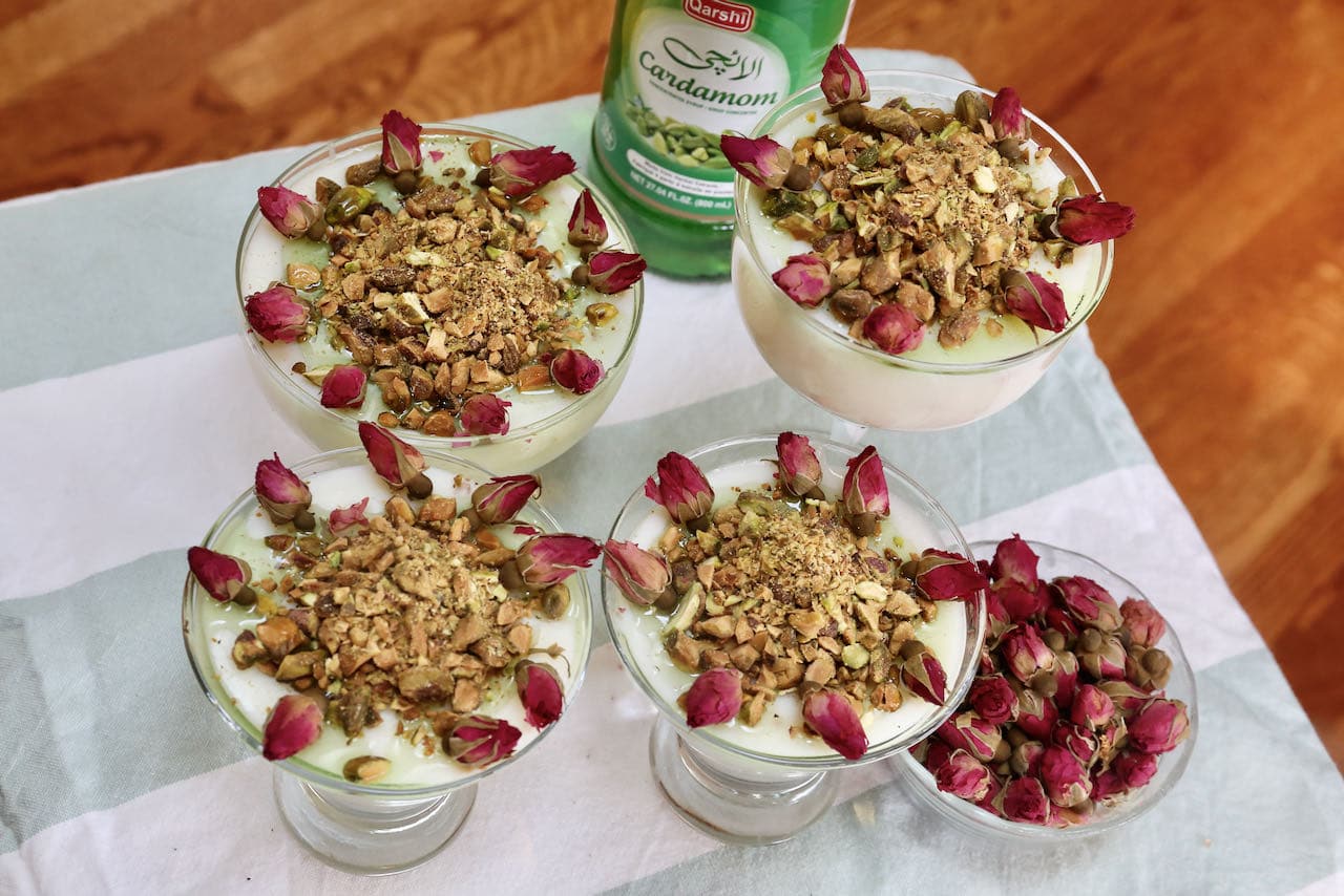 Serve Mahalabia drizzled with cardamom syrup.