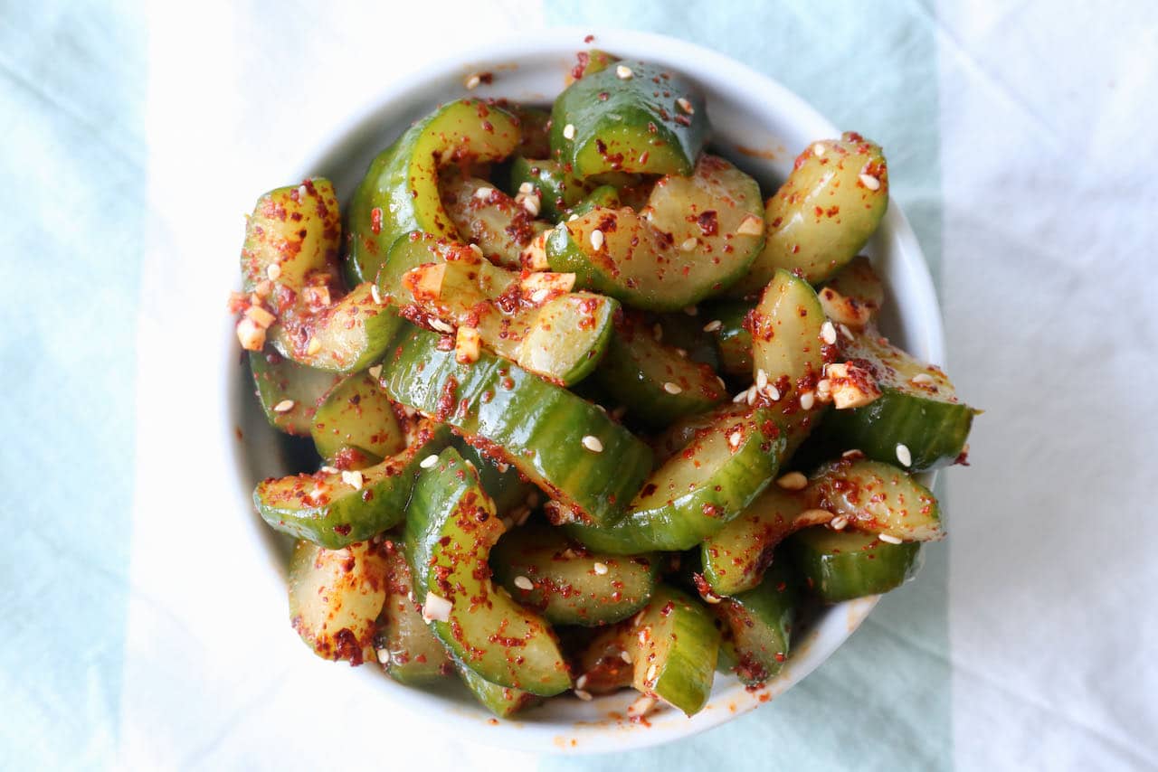 Pork Bibimbap Banchan: Make crunchy homemade spicy Korean cucumber salad.