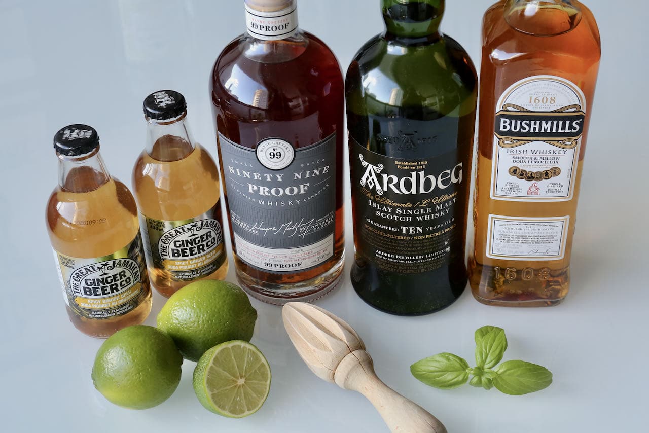 Ingredients you'll need to prepare our easy homemade Whiskey and Ginger Beer drink.