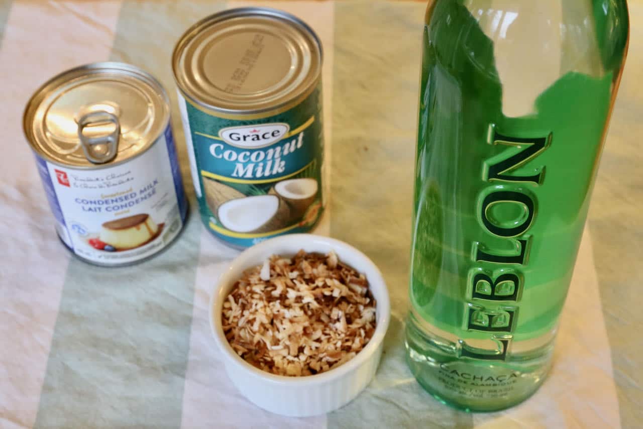 Batida de Coco ingredients include Cachaça, coconut milk, condensed milk and toasted coconut.