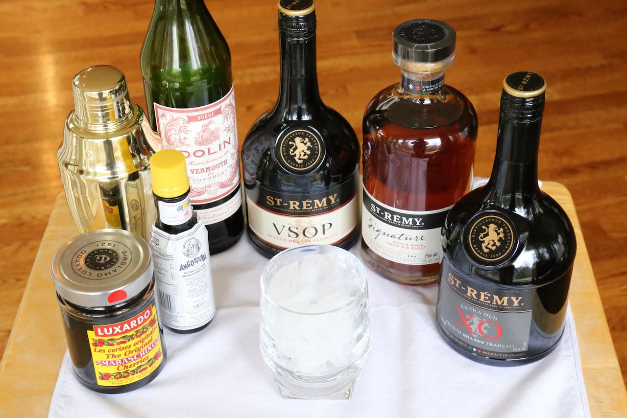Traditional Brandy Manhattan ingredients.