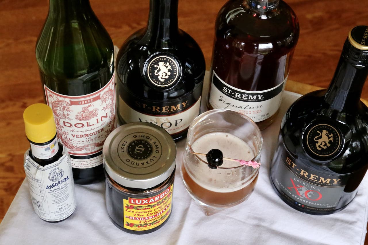 This homemade Brandy Manhattan recipe features bitters, angostura bitters and sweet vermouth.