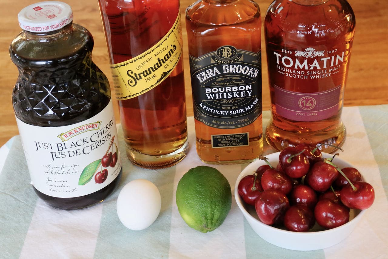Easy Cherry Whiskey Sour cocktail ingredients.