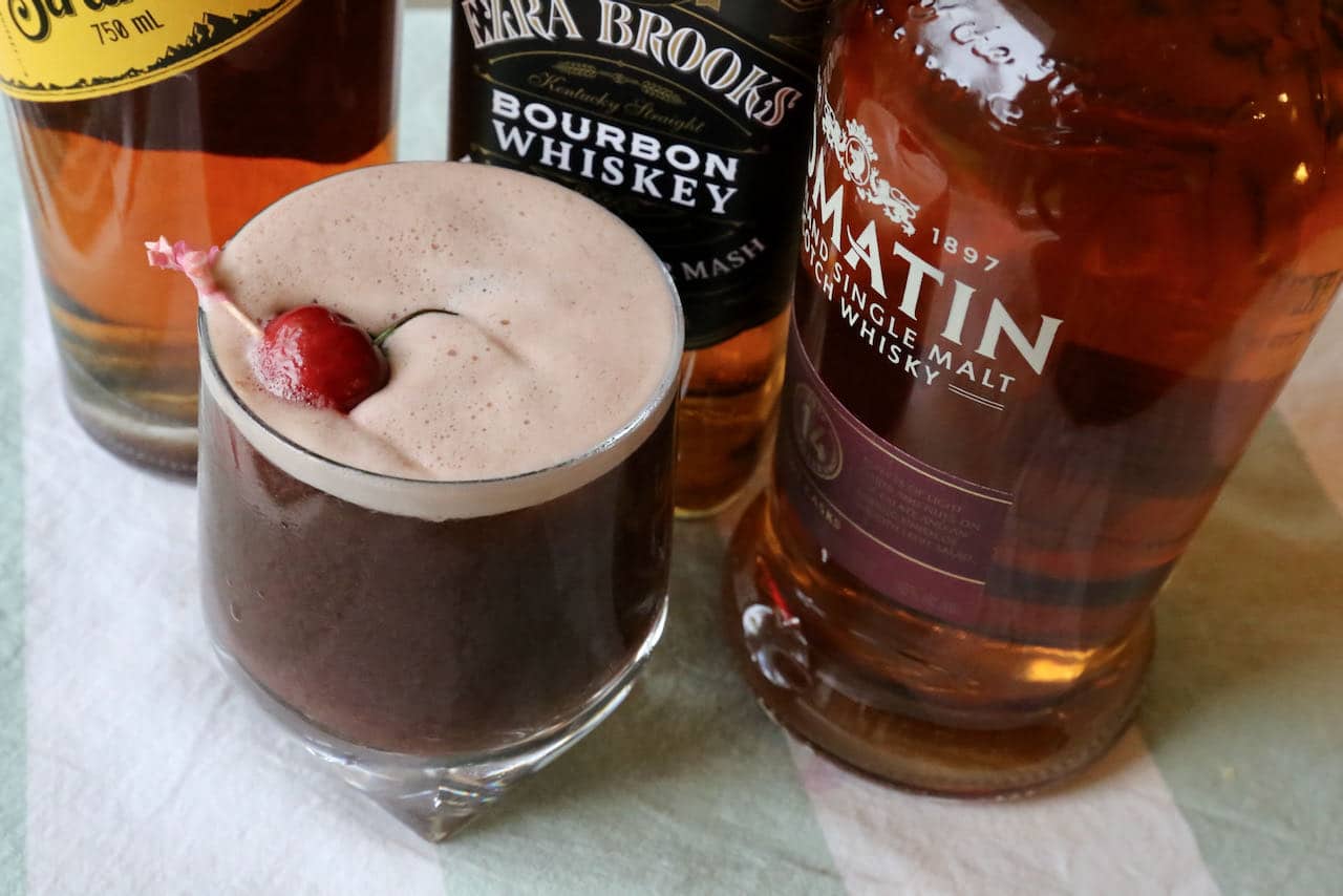 Serve a tart Cherry Whiskey Sour in a rocks glass.