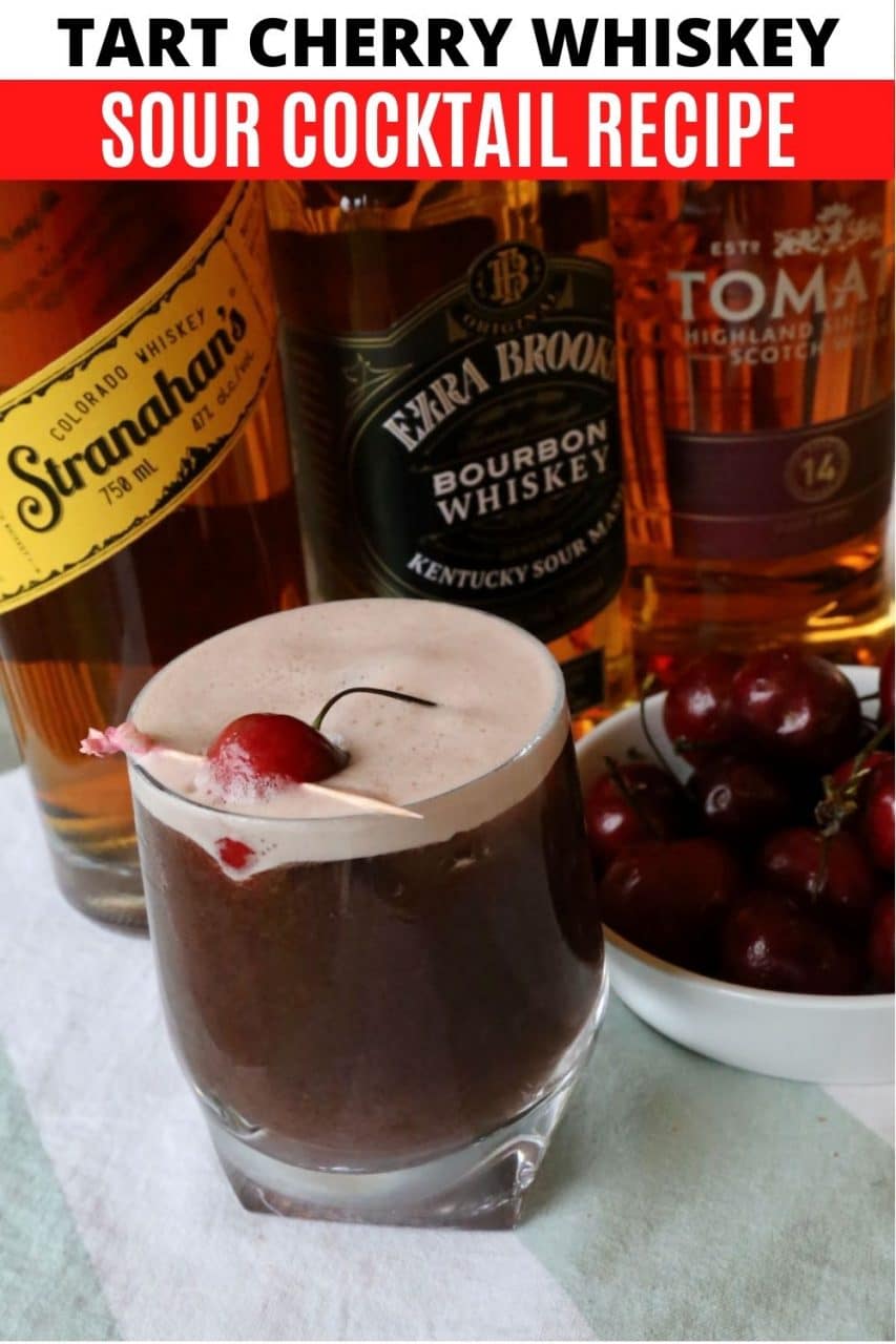Save our Cherry Whiskey Sour cocktail recipe to Pinterest!