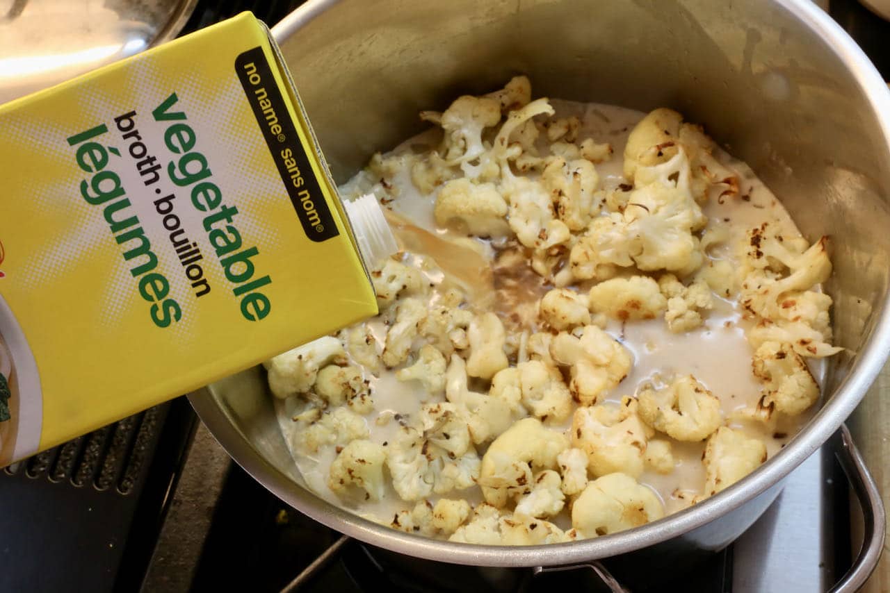 Our Vegan Cauliflower Soup is flavoured with vegetable stock.