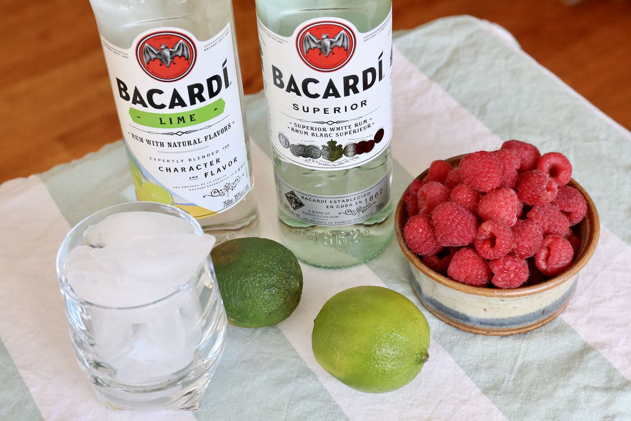 Frozen Raspberry Daiquiri recipe ingredients include fresh raspberries, lime and white rum.