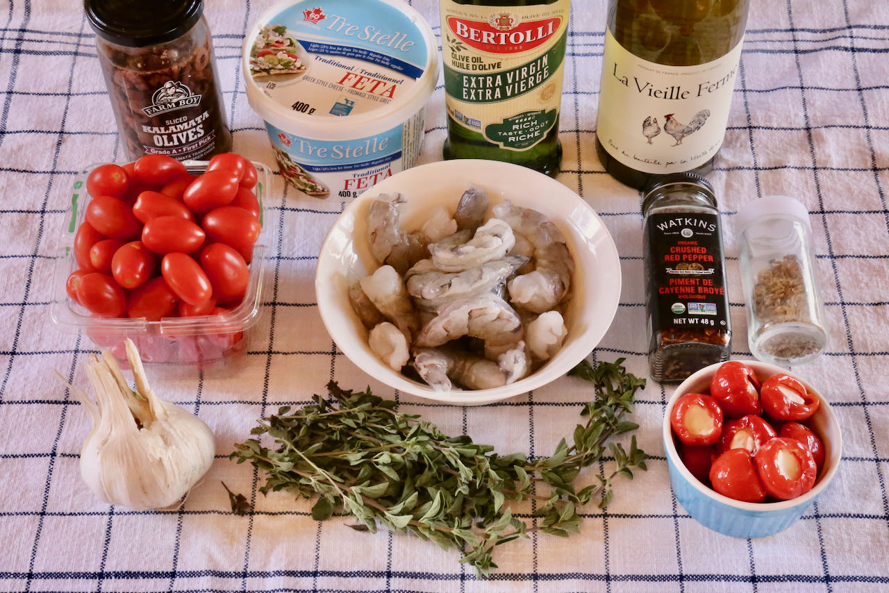 Garides Saganaki recipe ingredients.