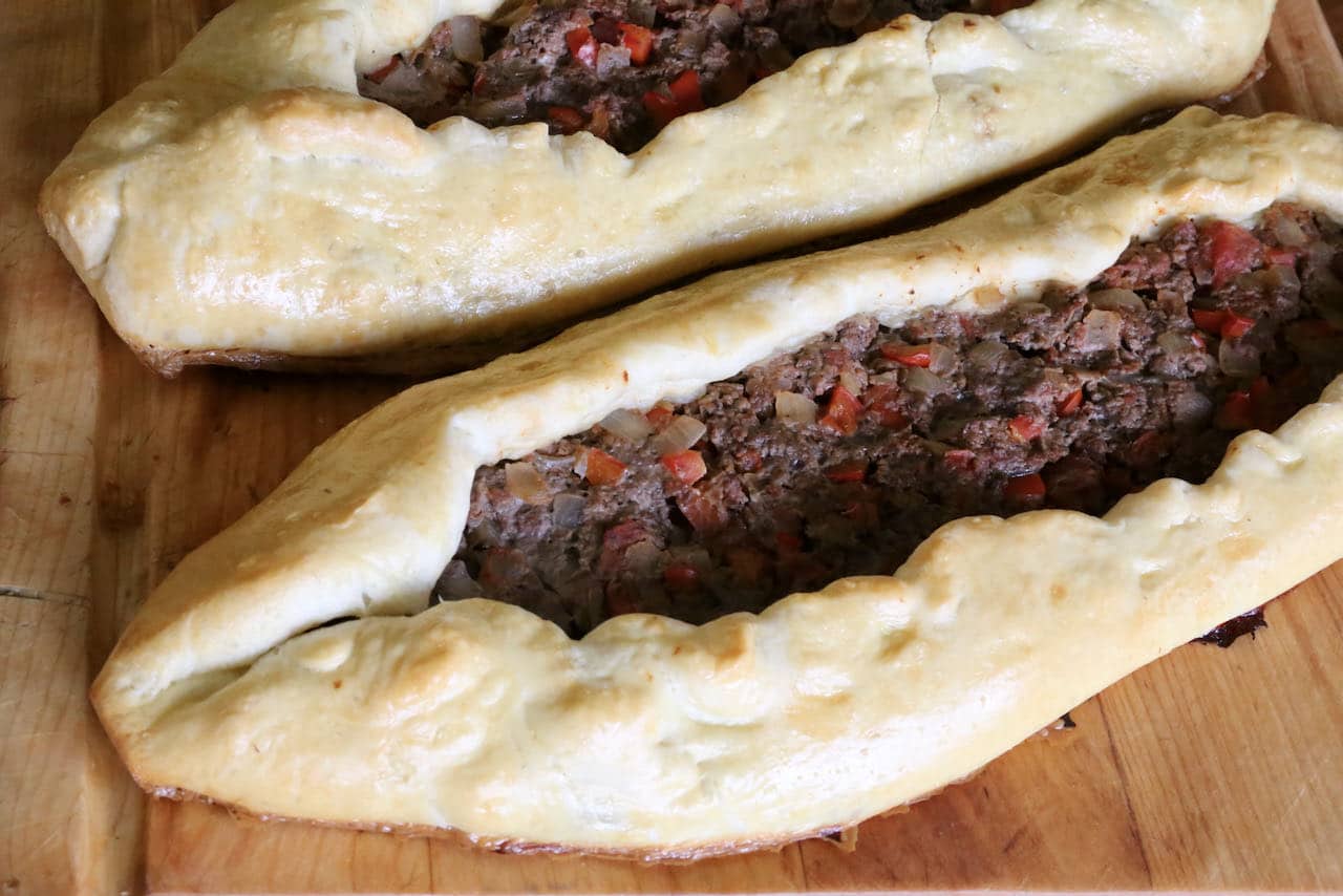 This recipe makes two large Kiymali Pide Turkish pizzas.