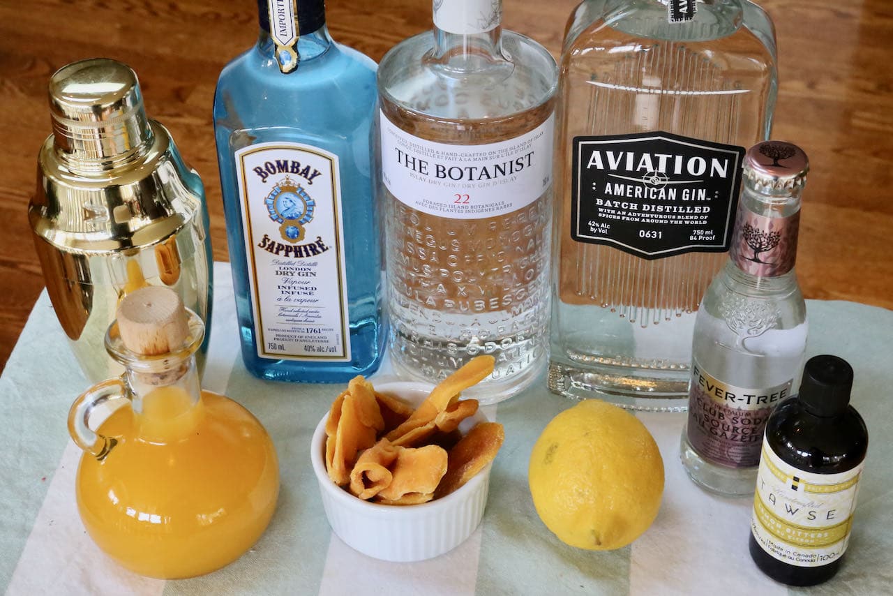 Easy homemade Mango Collins Cocktail ingredients.