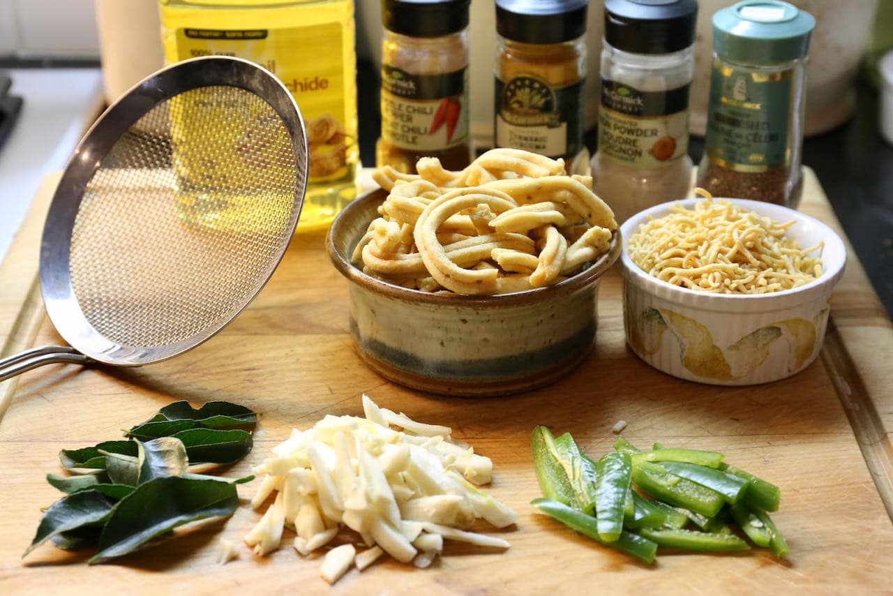 Our easy homemade vegetarian Bombay Mixture is deep fried in peanut oil.