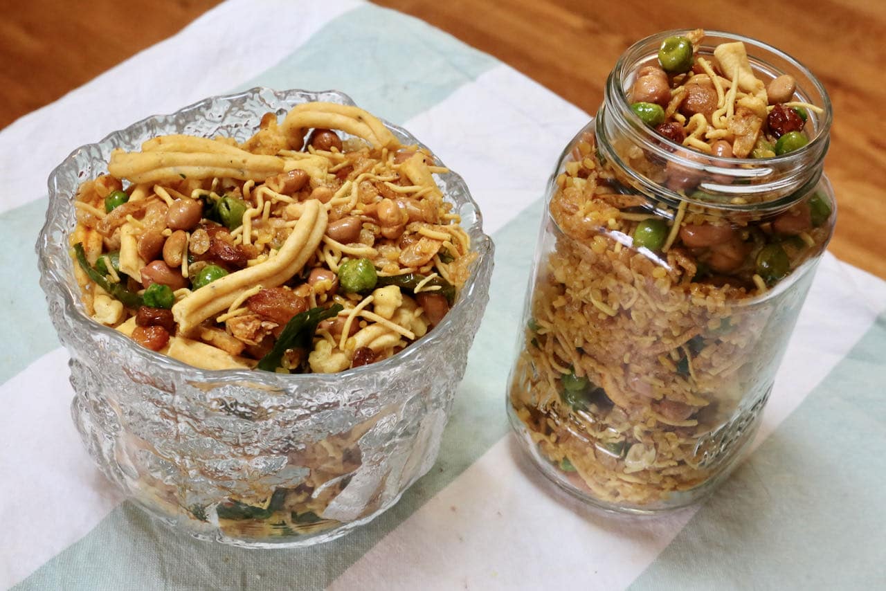 Serve homemade Chivda Chanachur Bombay Mixture in a serving bowl or store in a mason jar.