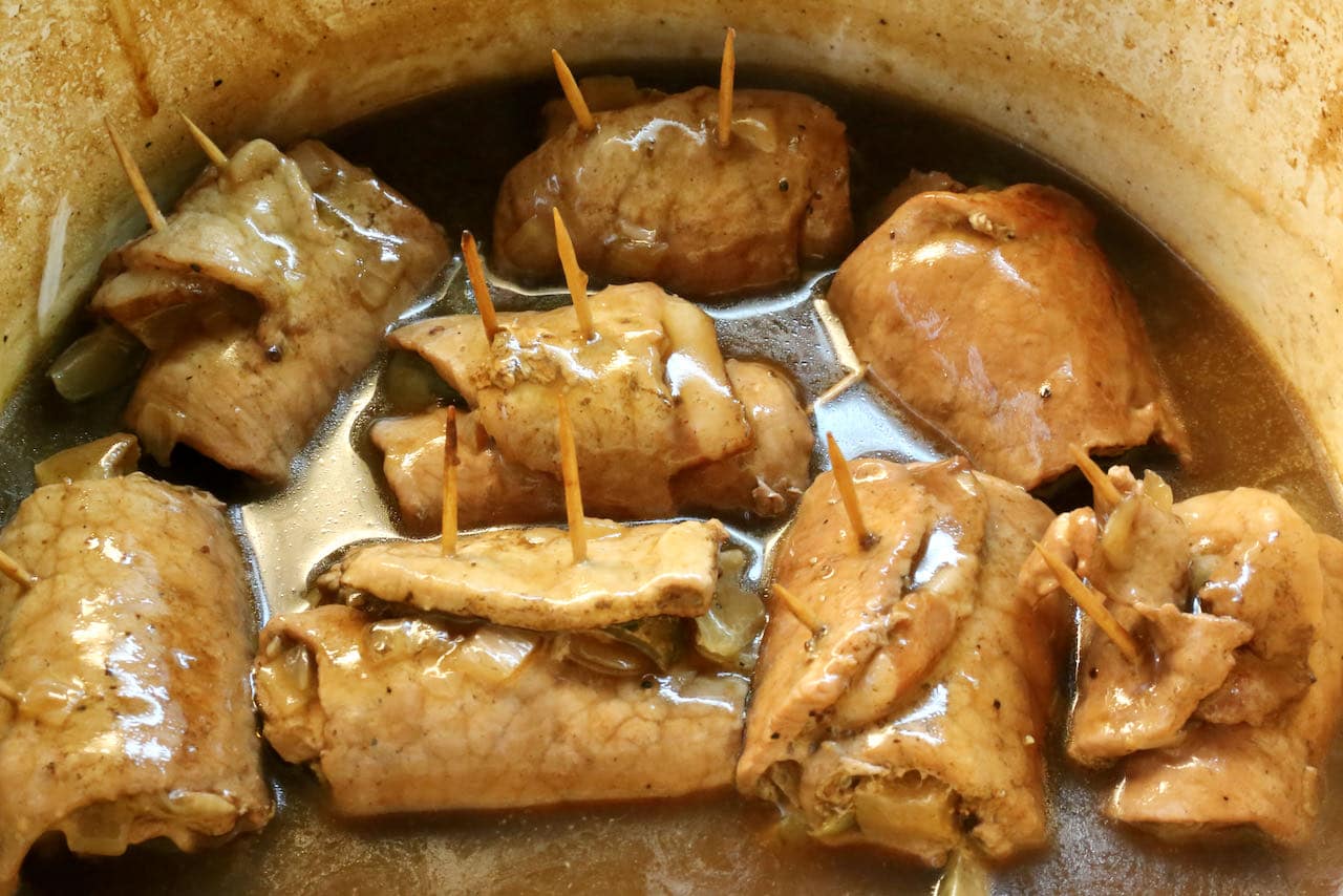 Add Pork Rouladen to homemade gravy then bake in the oven.