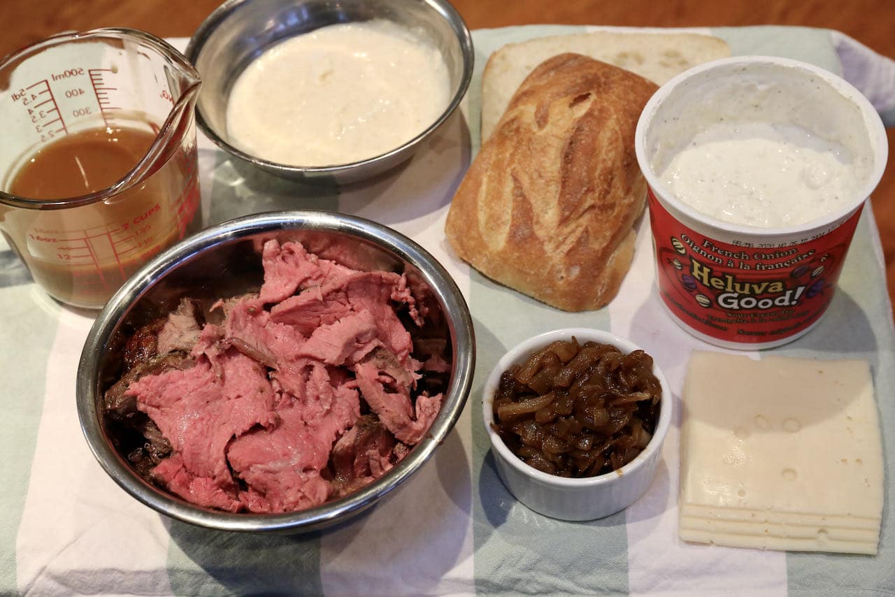 Prime Rib French Dip Sandwich assembly.