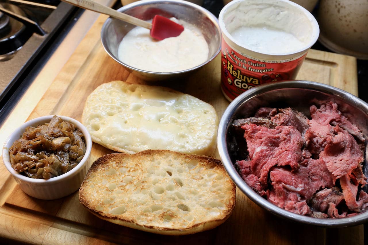 Prime Rib Dip: Toast the roll with a slice of Swiss cheese so it melts.