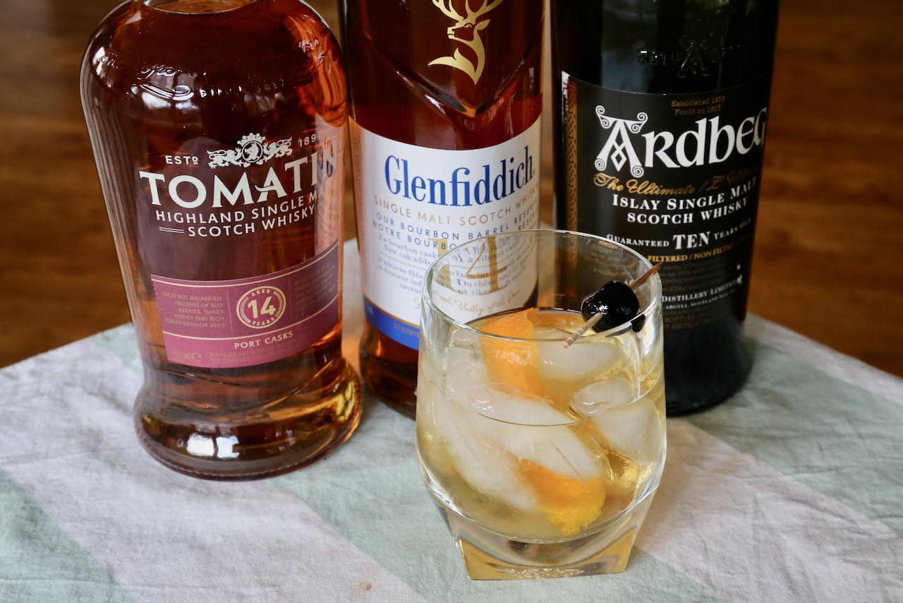 Serve a Scotch Old Fashioned over ice or strain before pouring into a rocks glass.