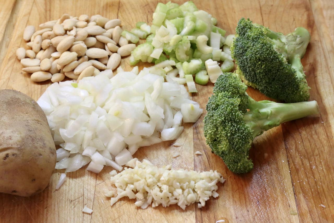 Our healthy Broccoli Almond Soup features celery, garlic, onion and potato.