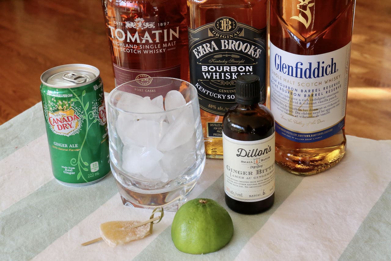 Homemade Whiskey and Ginger Ale ingredients.