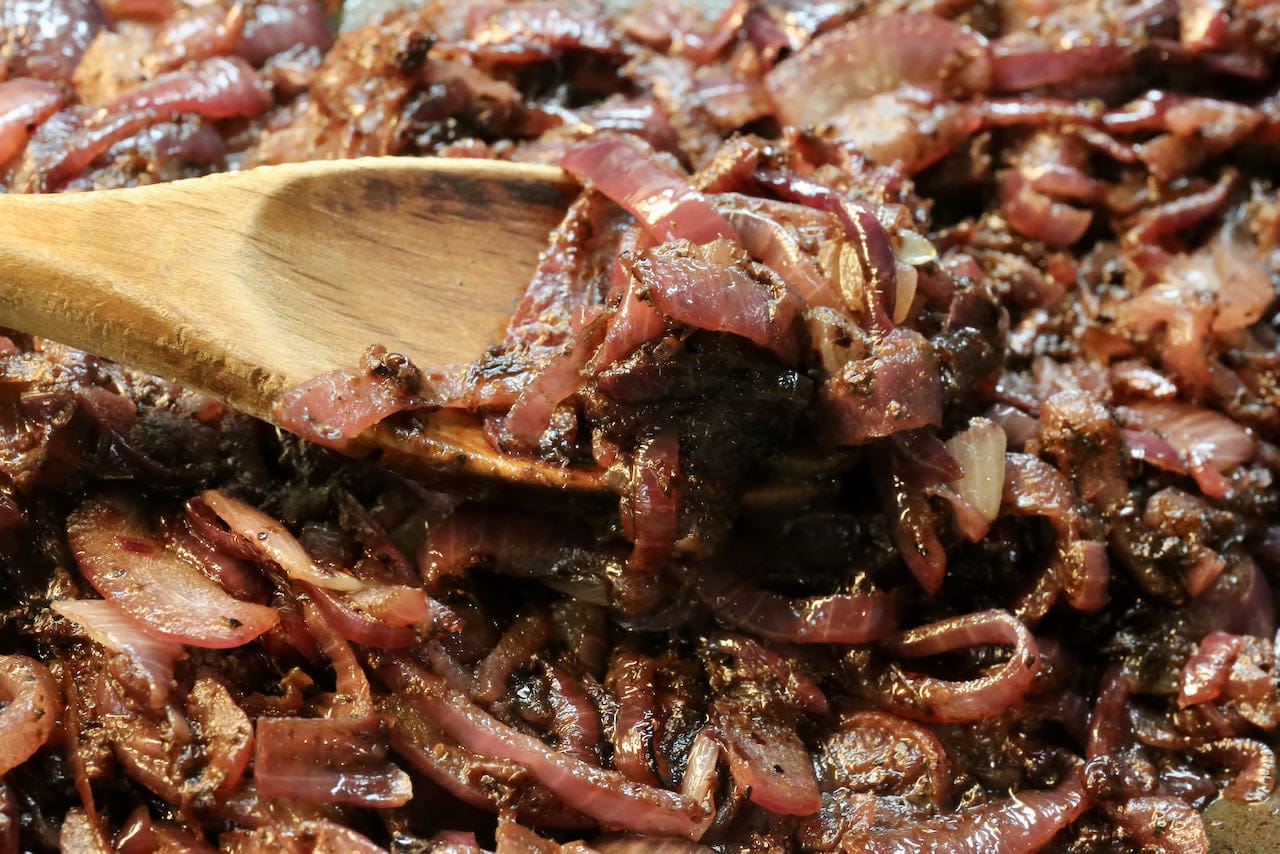 Caramelized Red Onions are a condiment for Palestinian Musakhan.