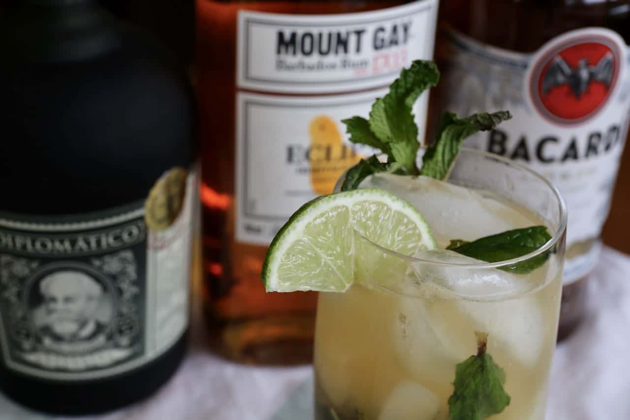 Serve a Dark Rum Mojito with whole ice cubes or crushed ice in a highball or rocks glass.