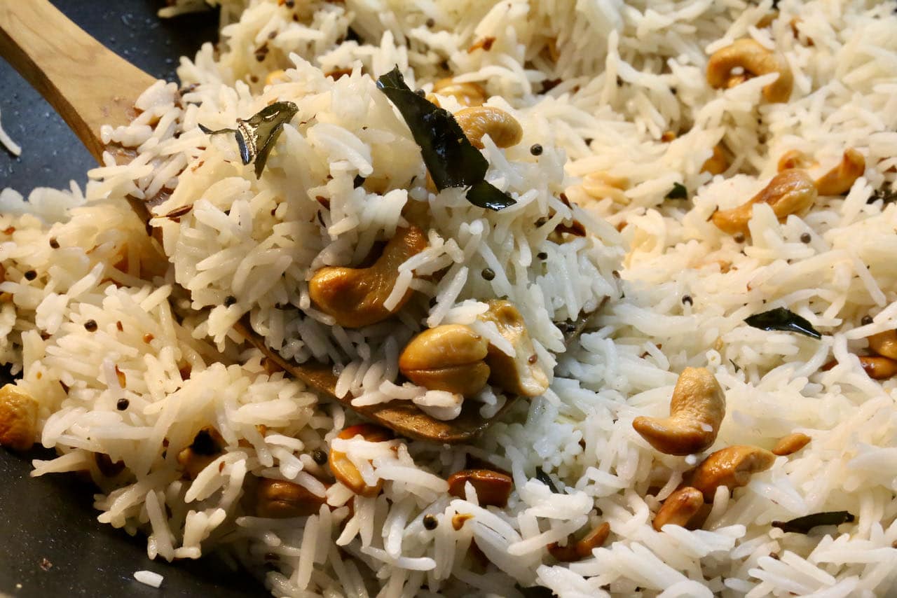 Toss Curry Leaf Rice with a wooden spoon before serving. 