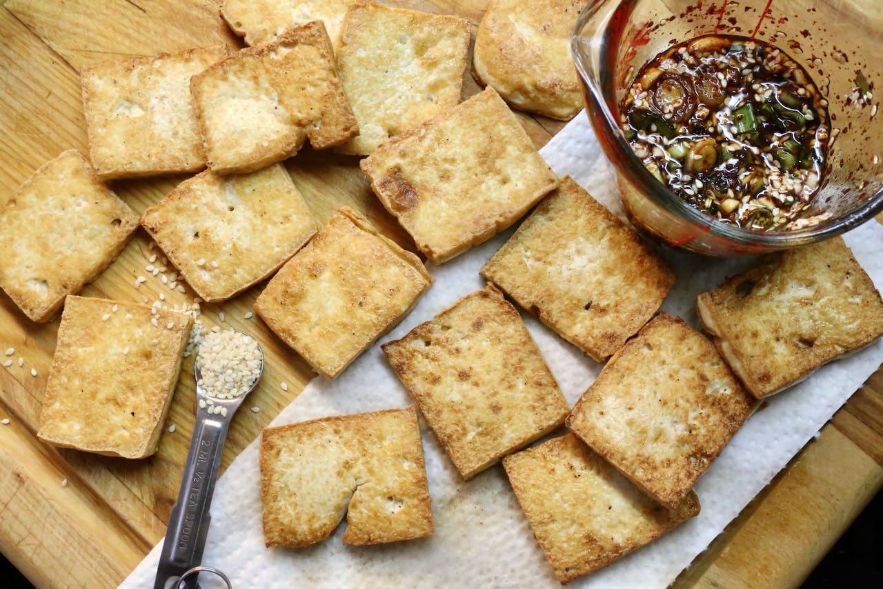 Prepare spicy Korean Fried Tofu sauce in a large measuring cup. 