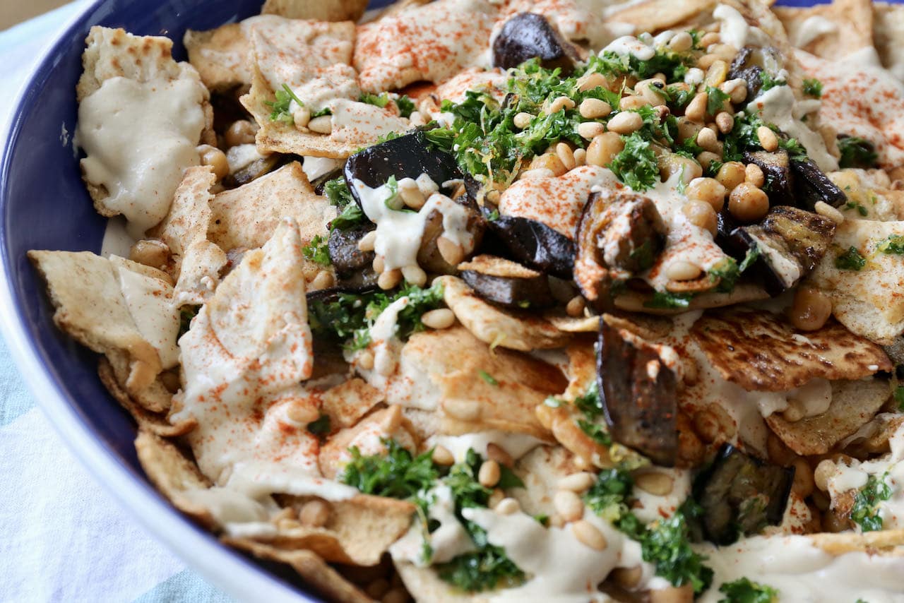 Eggplant Fatteh is our favourite warm vegetarian Lebanese salad recipe.