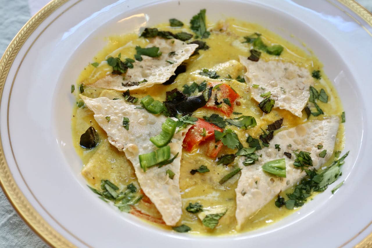 Serving Papad Ki Subji at an Indian-themed dinner party for a crowd.