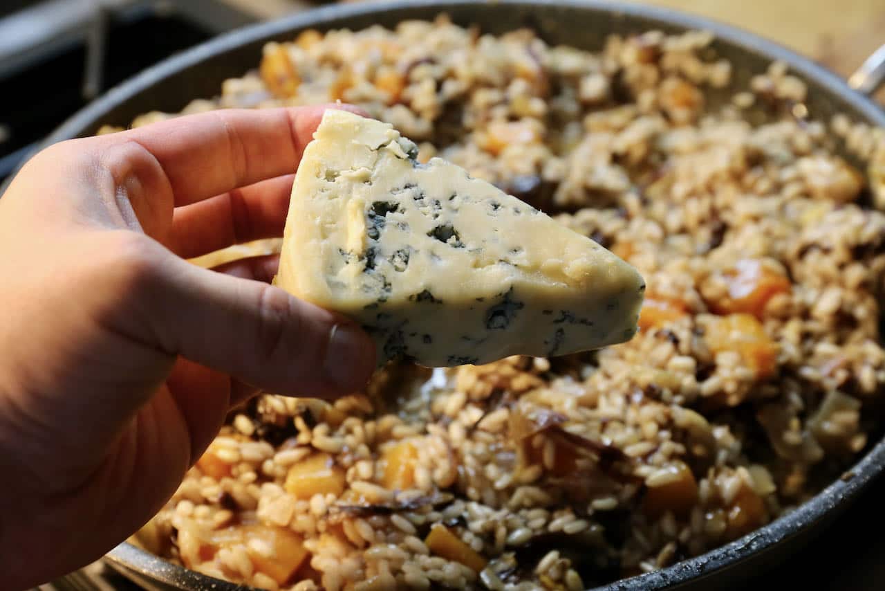 The main flavours in Gorgonzola Risotto are Italian blue cheese, sweet squash and bitter radicchio.