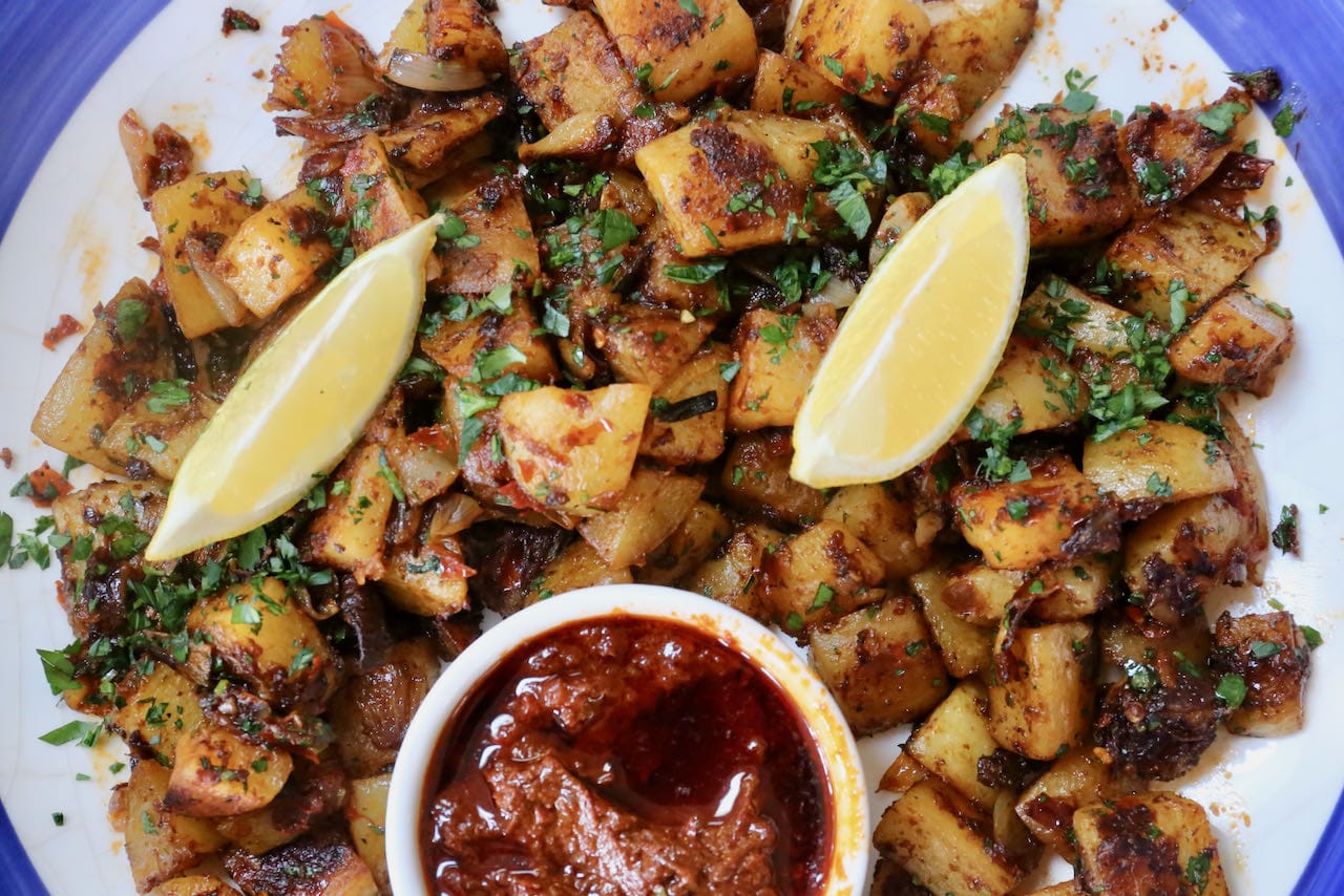 Harissa Potatoes are our favourite vegetarian snack inspired by our travels to North Africa.