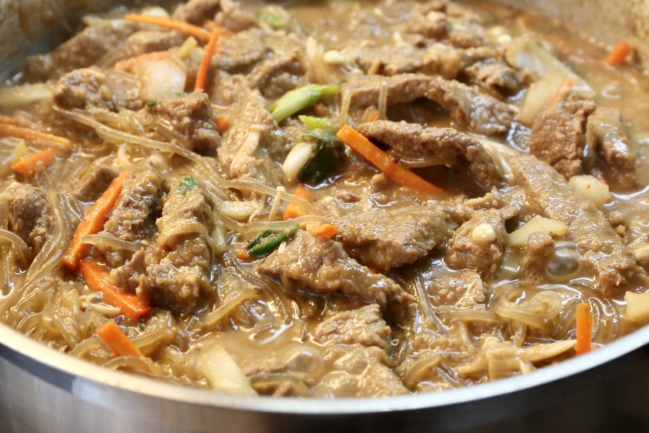 Beef Bulgogi Noodles simmering before serving. 