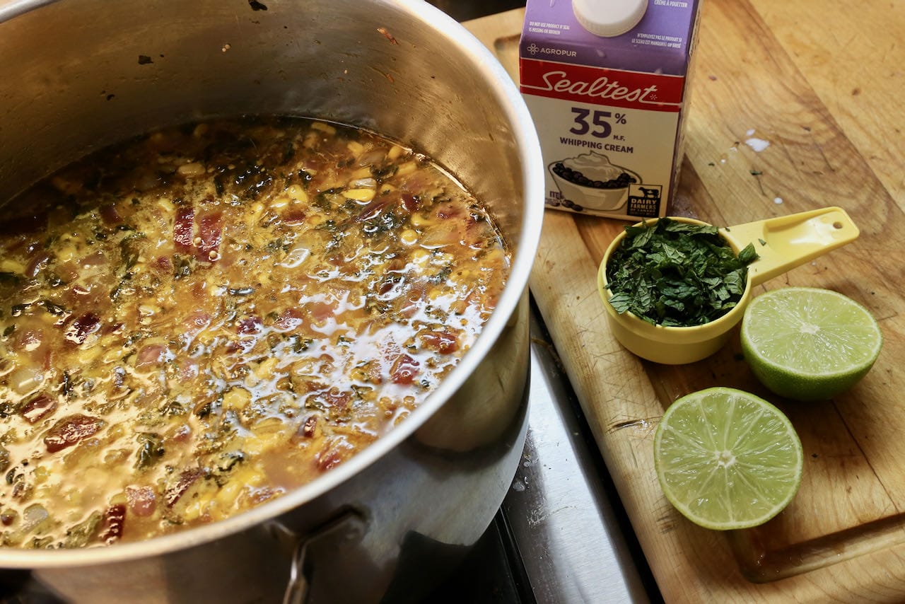Flavour Peruvian Quinoa Soup with fresh mint, lime and whipping cream.