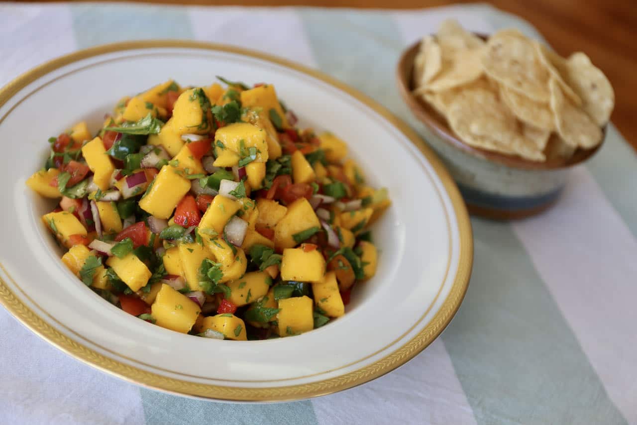 Mango Pico de Gallo is an easy healthy snack to serve at parties.