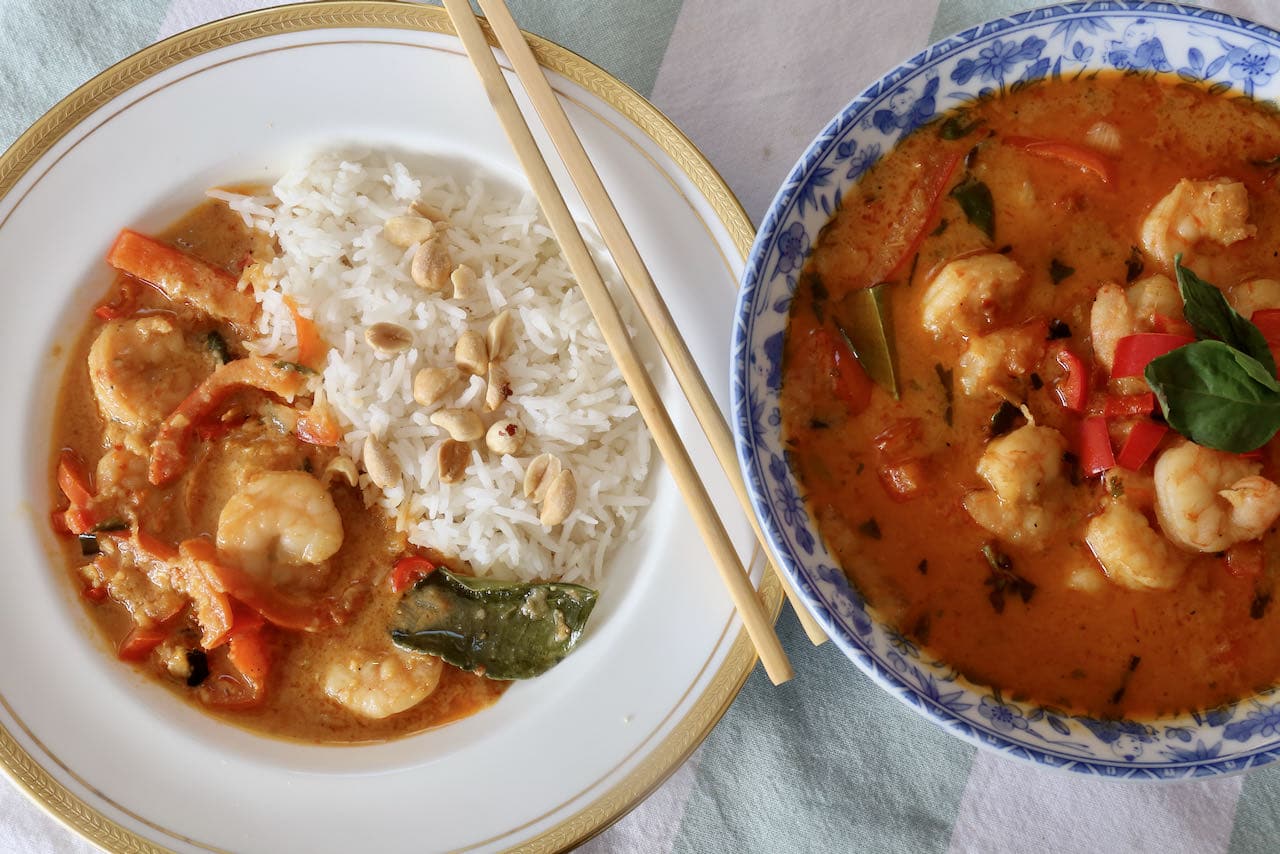 Shrimp Panang Curry is traditionally served with steamed rice or noodles.
