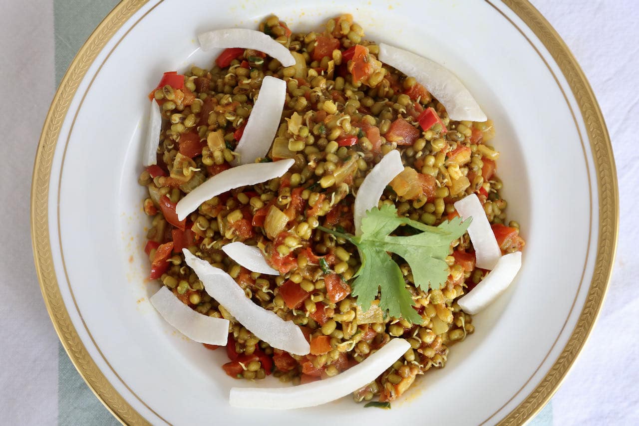 Serve Sprouted Mung Bean Salad as a healthy Indian side dish.