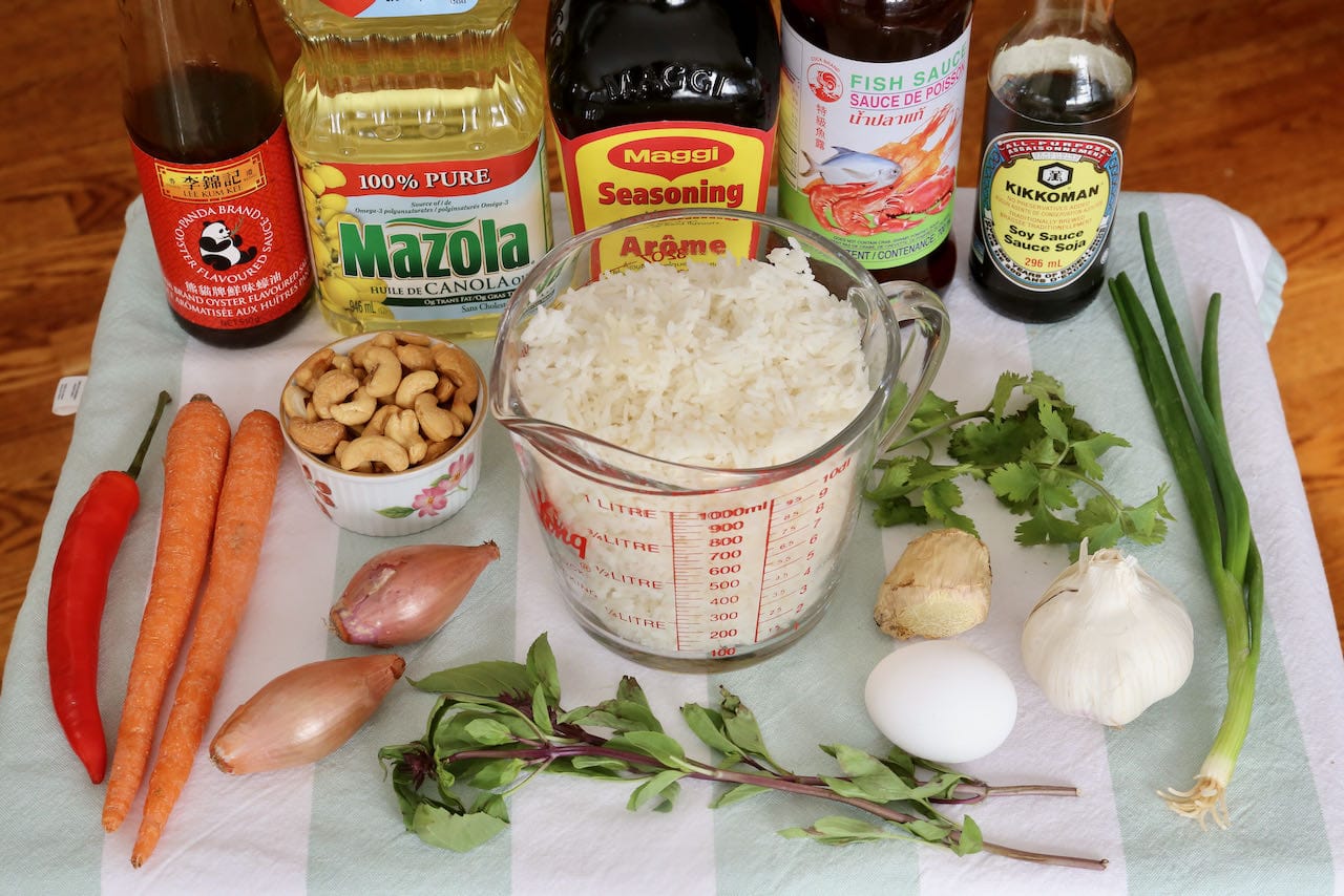 Traditional Thai Basil Fried Rice recipe ingredients.