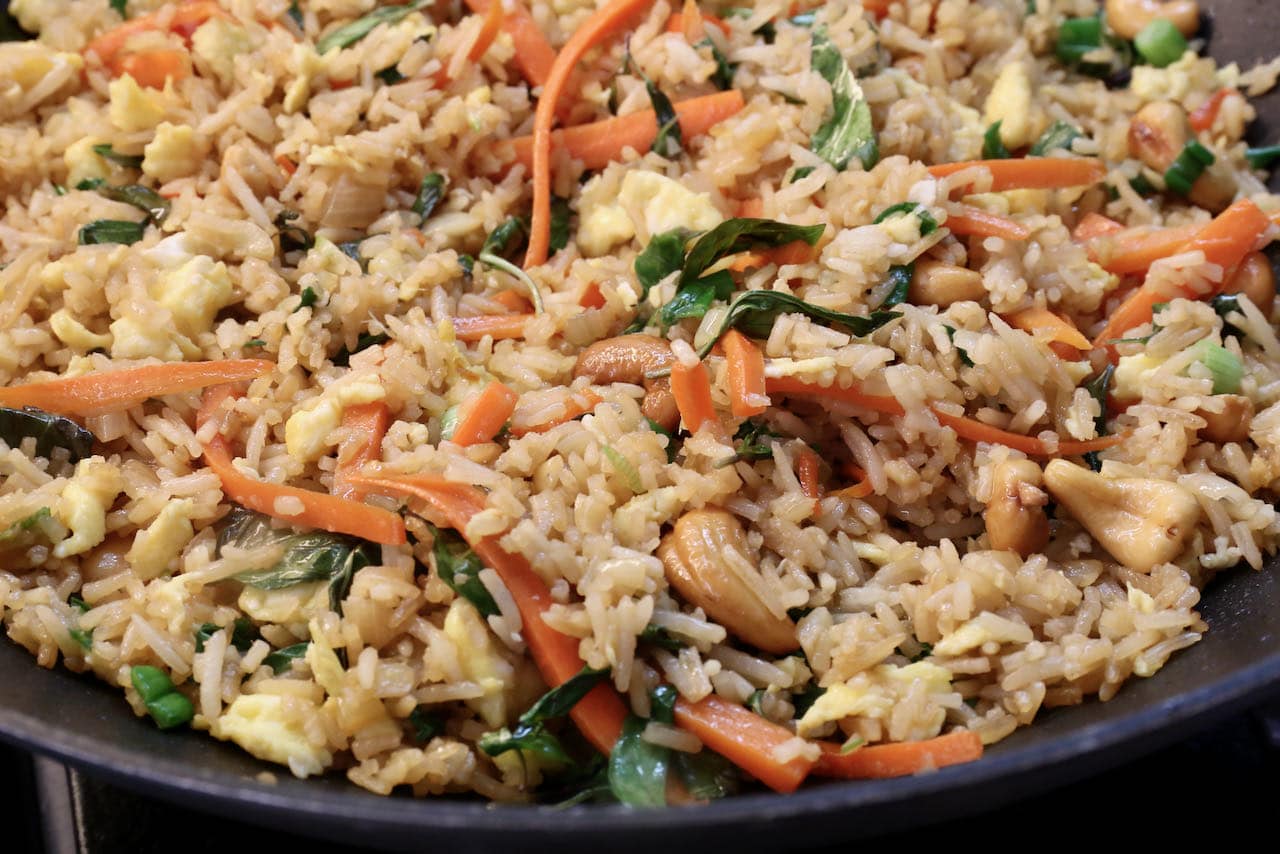 Thai Basil Fried Rice is best prepared with day-old steamed jasmine rice.