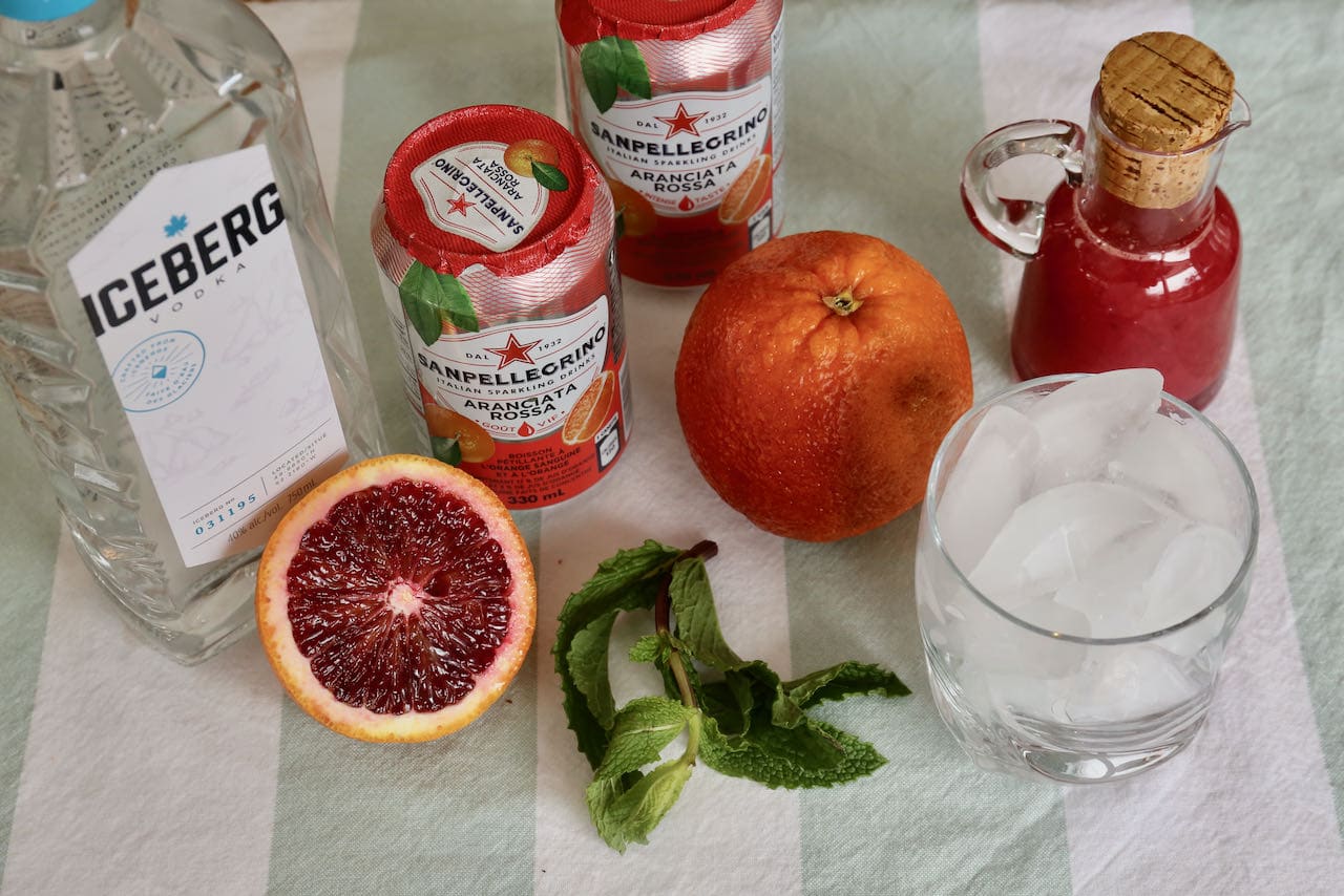 Vodka Blood Orange cocktail ingredients include mint, soda and San Pellegrino Aranciata Rossa.
