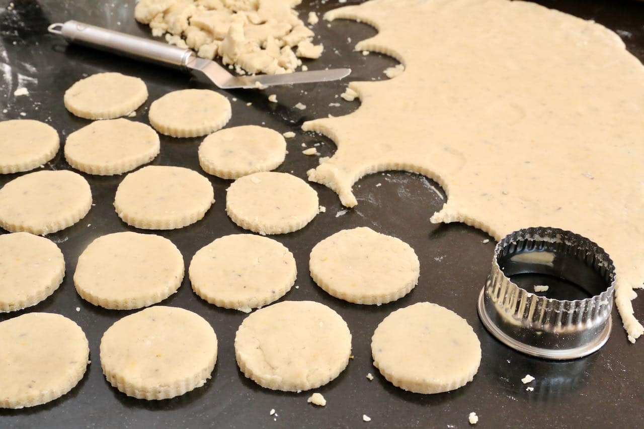 After rolling out the cookie dough, use a circular cutter to make Lavender Shortbread Cookies.