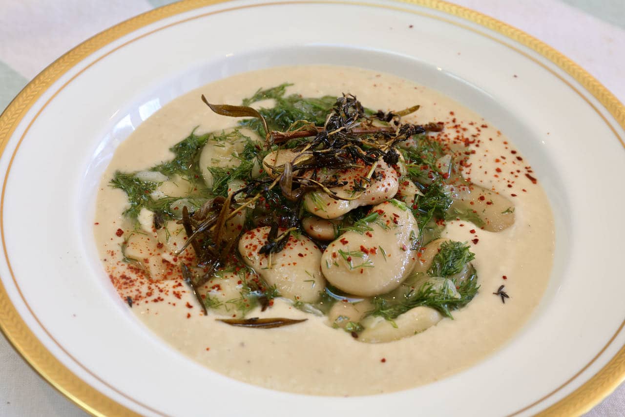 Served Mashed Butter Beans with chopped dill and Korean red pepper flakes.