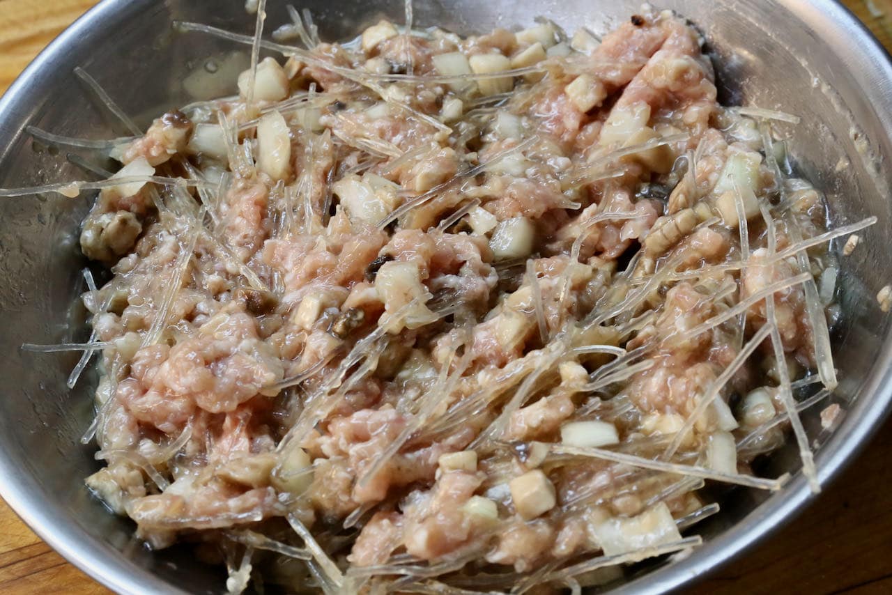 Cha Trung Vietnamese Meatloaf filling features ground pork, onion and cellophane glass noodles.