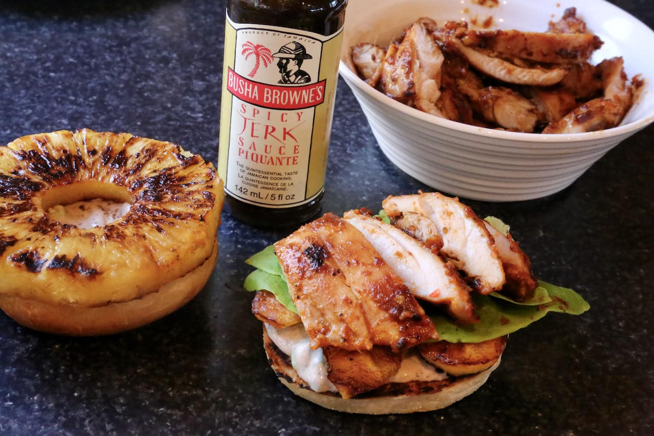 Fill each Jerk Chicken Burger with tropical pineapple & plantain, creamy Jerk mayo and crispy lettuce.