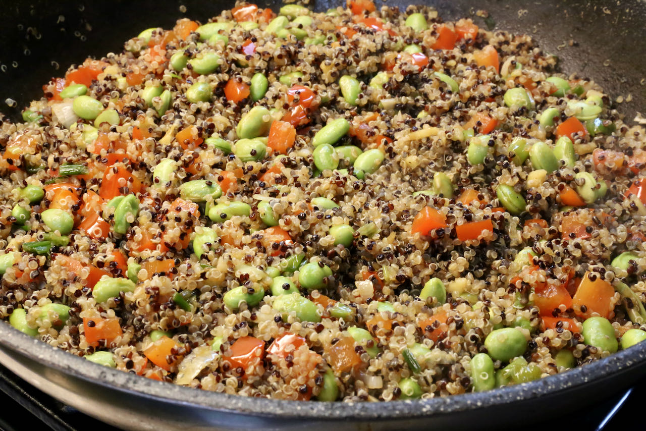 Cook Peruvian Chaufa until vegetables are tender.